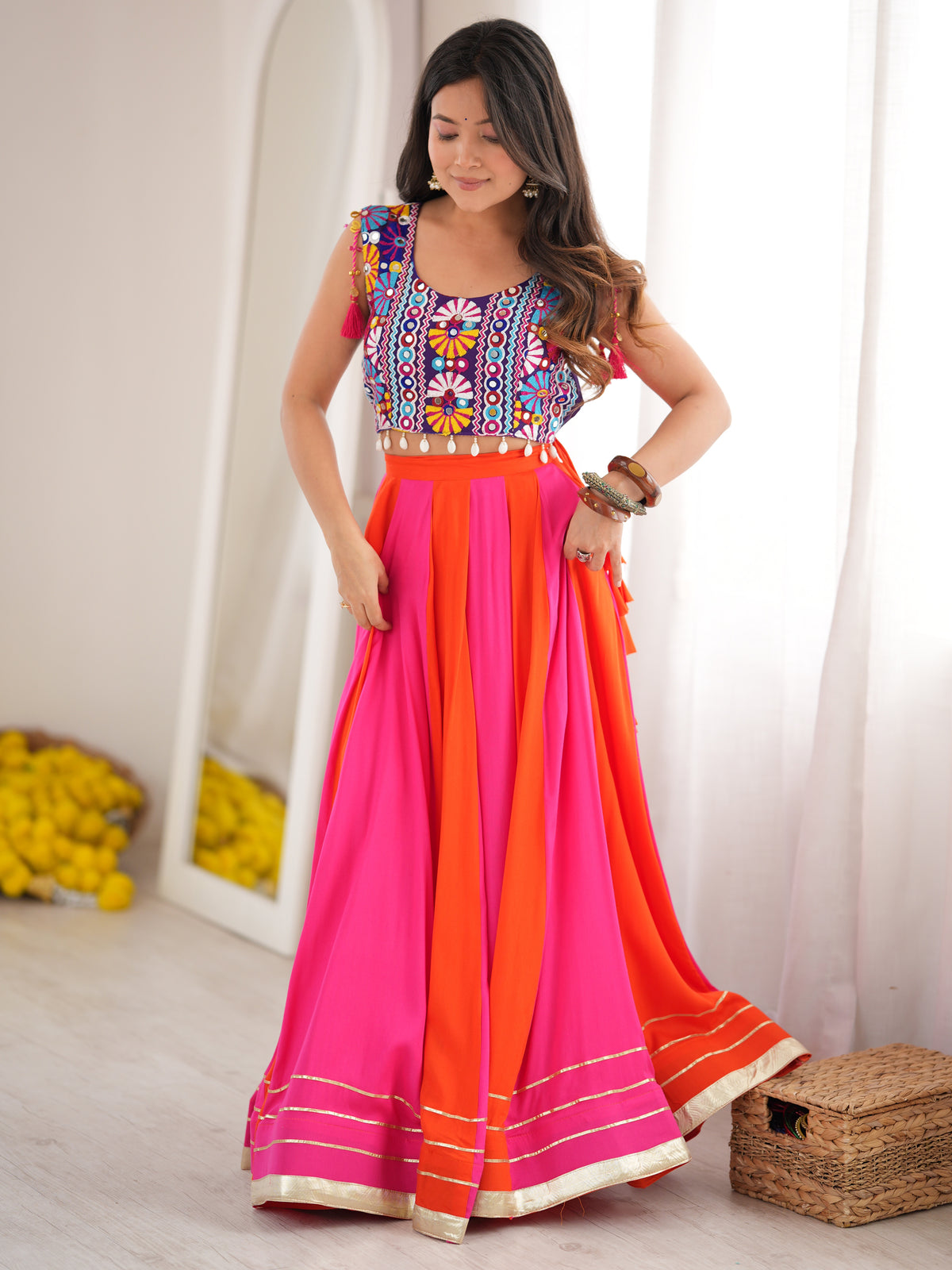 Chic Orange-Pink Rayon Navratri Wear Lehenga With Thread Work Choli