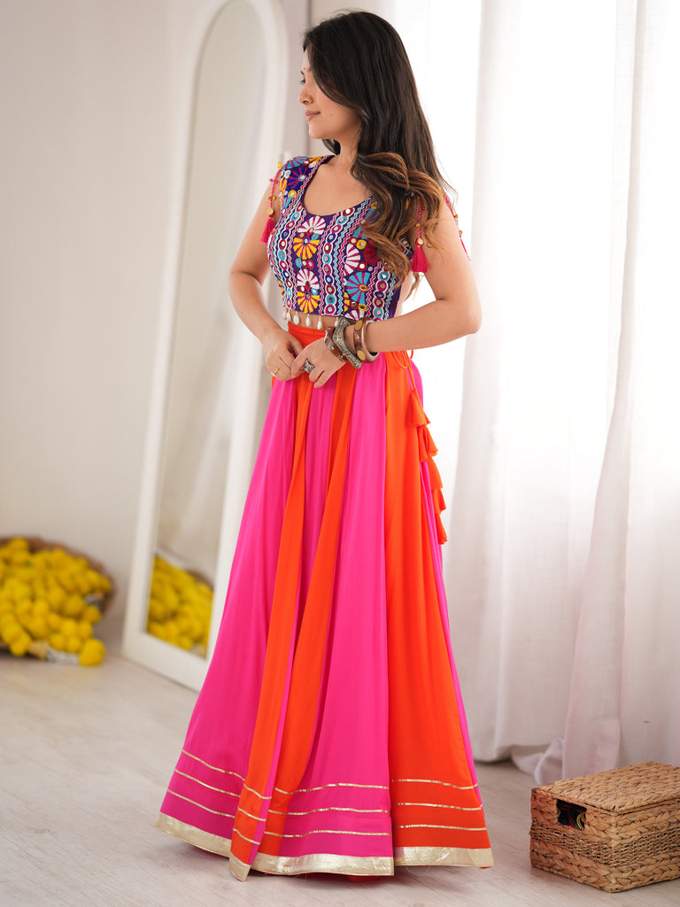 Chic Orange-Pink Rayon Navratri Wear Lehenga With Thread Work Choli