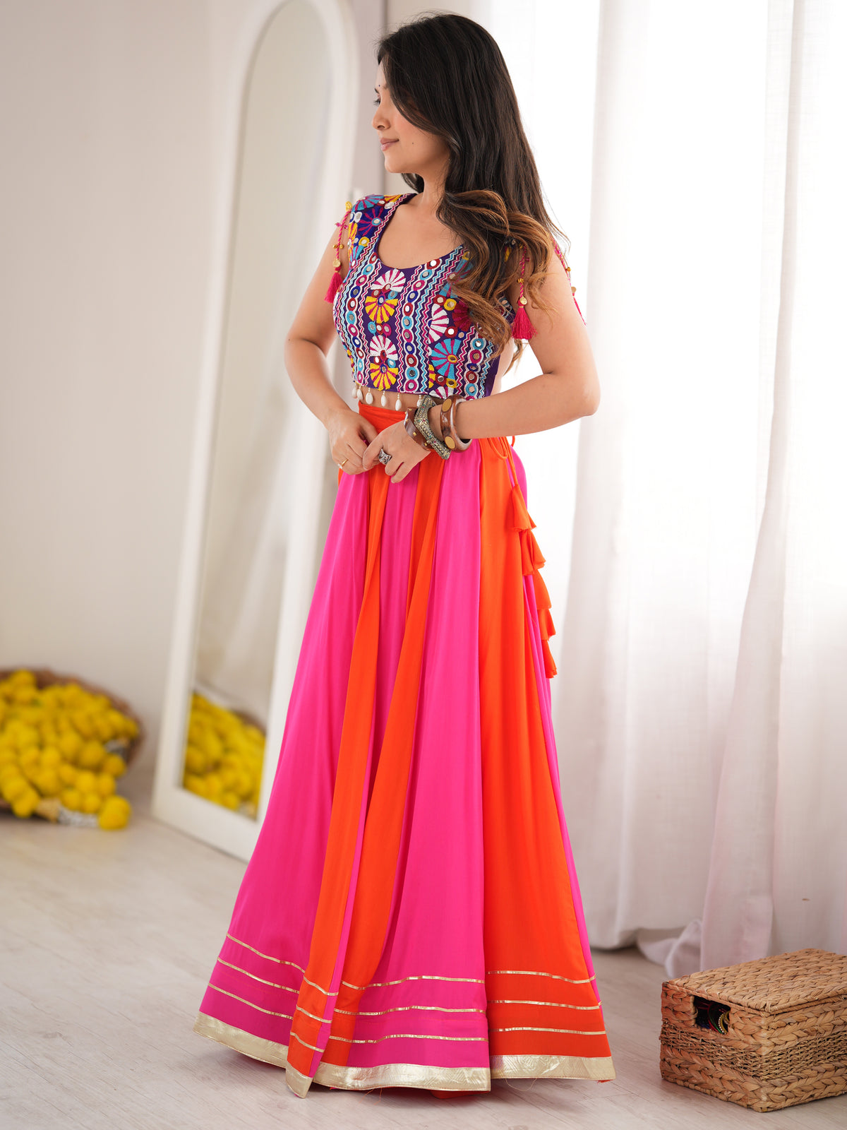 Chic Orange-Pink Rayon Navratri Wear Lehenga With Thread Work Choli
