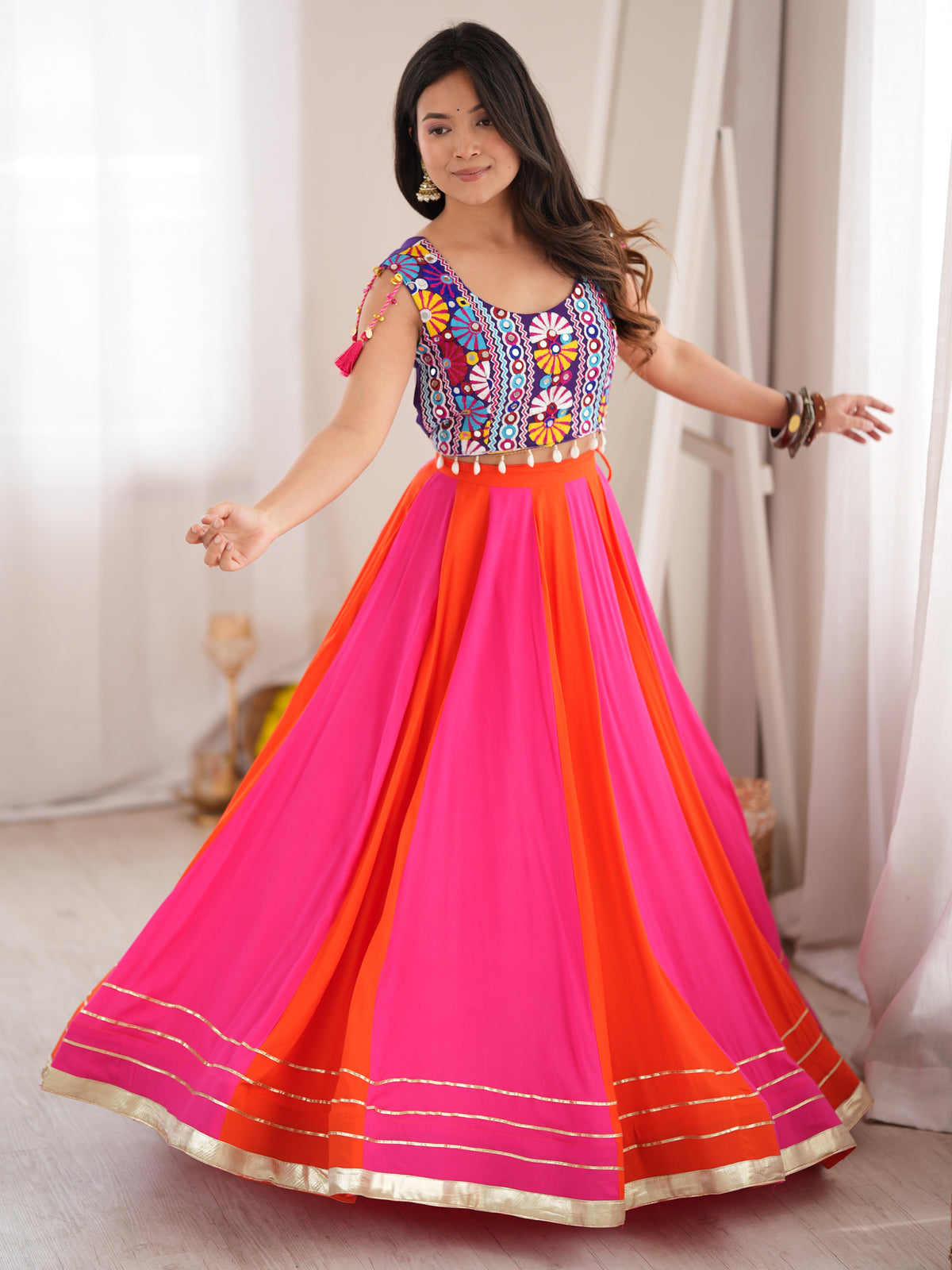 Chic Orange-Pink Rayon Navratri Wear Lehenga With Thread Work Choli