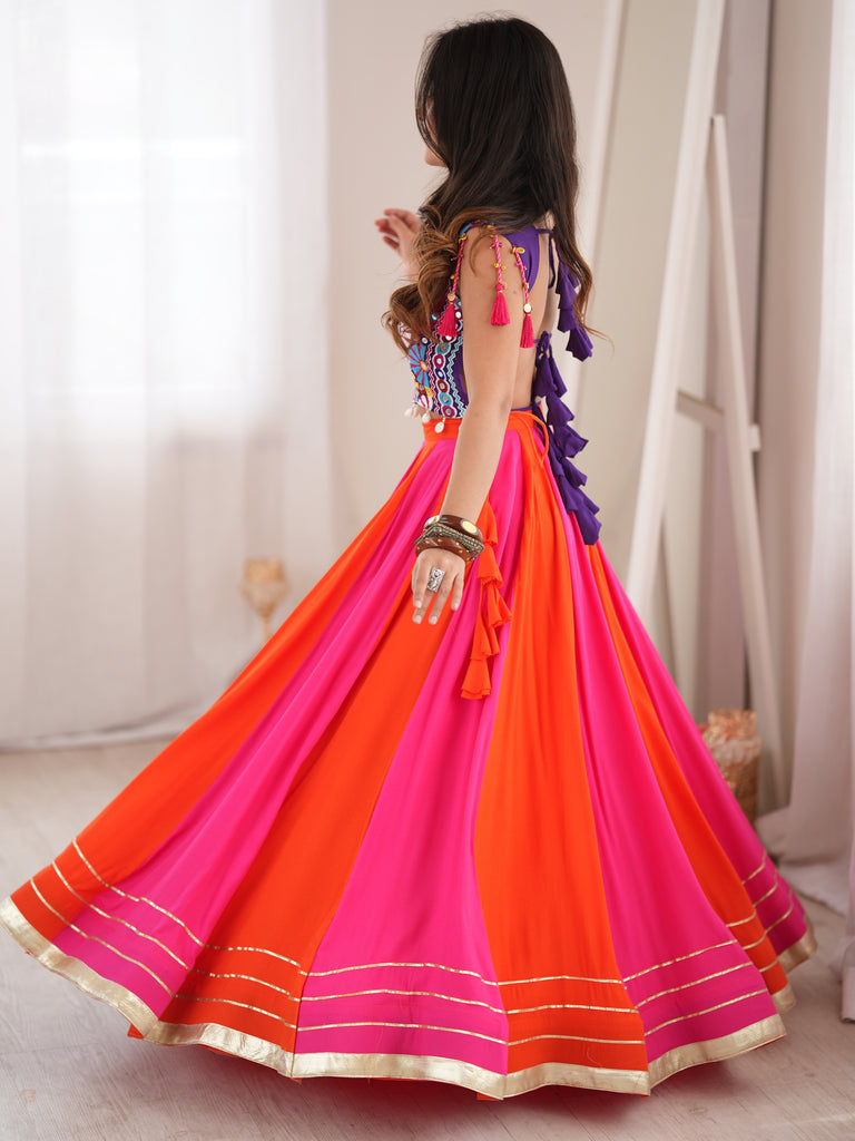 Chic Orange-Pink Rayon Navratri Wear Lehenga With Thread Work Choli