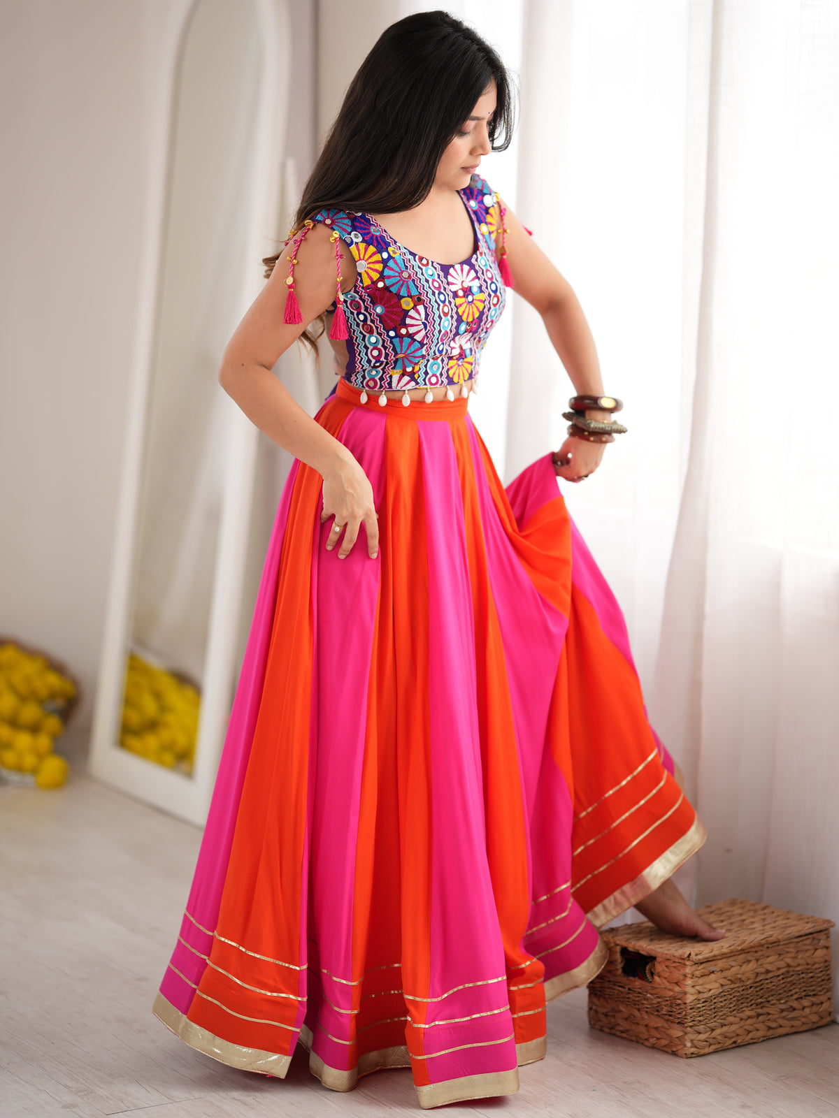 Chic Orange-Pink Rayon Navratri Wear Lehenga With Thread Work Choli