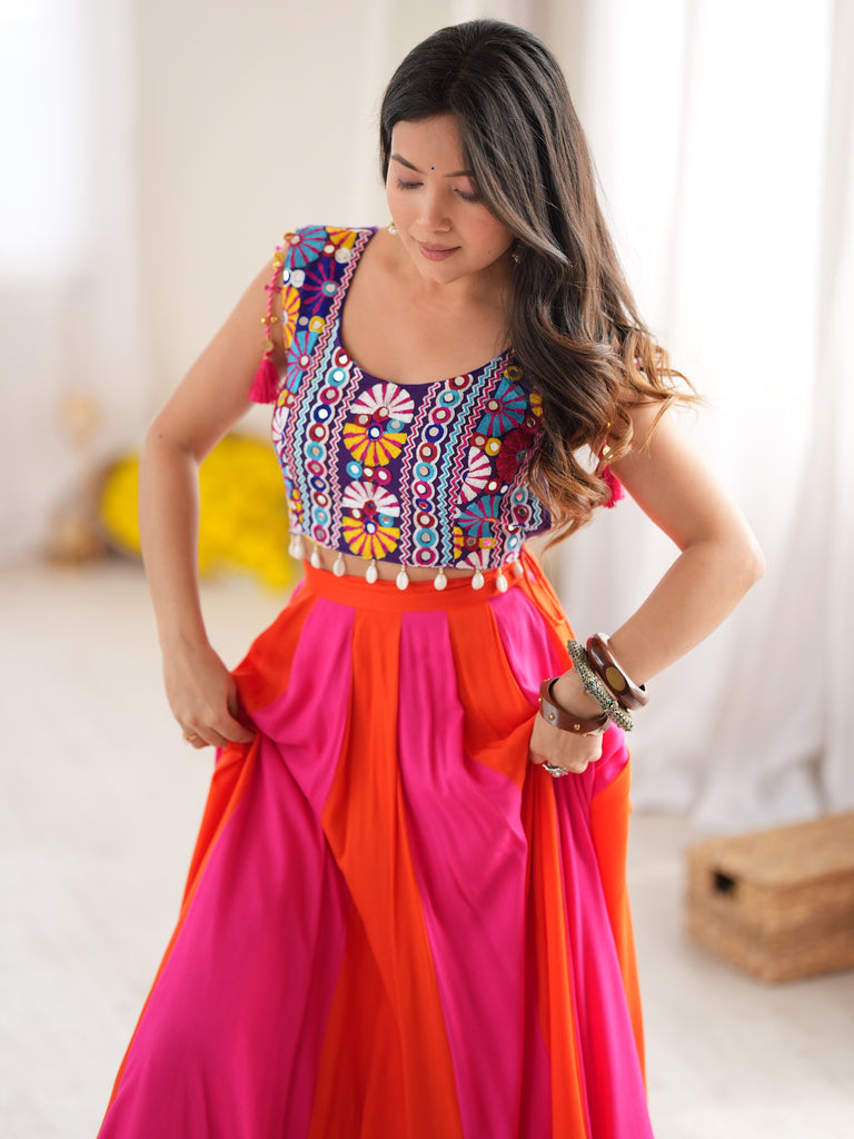 Chic Orange-Pink Rayon Navratri Wear Lehenga With Thread Work Choli