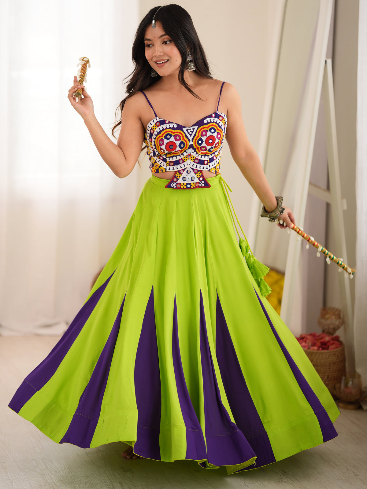Tremendous Green Gota Laced Rayon Navratri Special Lehenga Choli