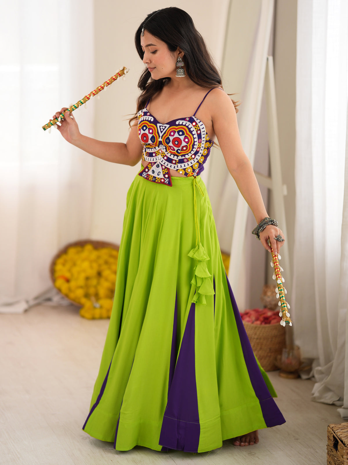 Tremendous Green Gota Laced Rayon Navratri Special Lehenga Choli