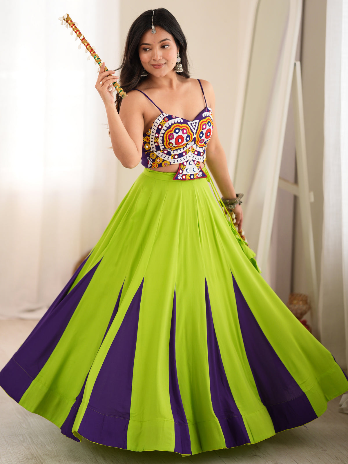Tremendous Green Gota Laced Rayon Navratri Special Lehenga Choli