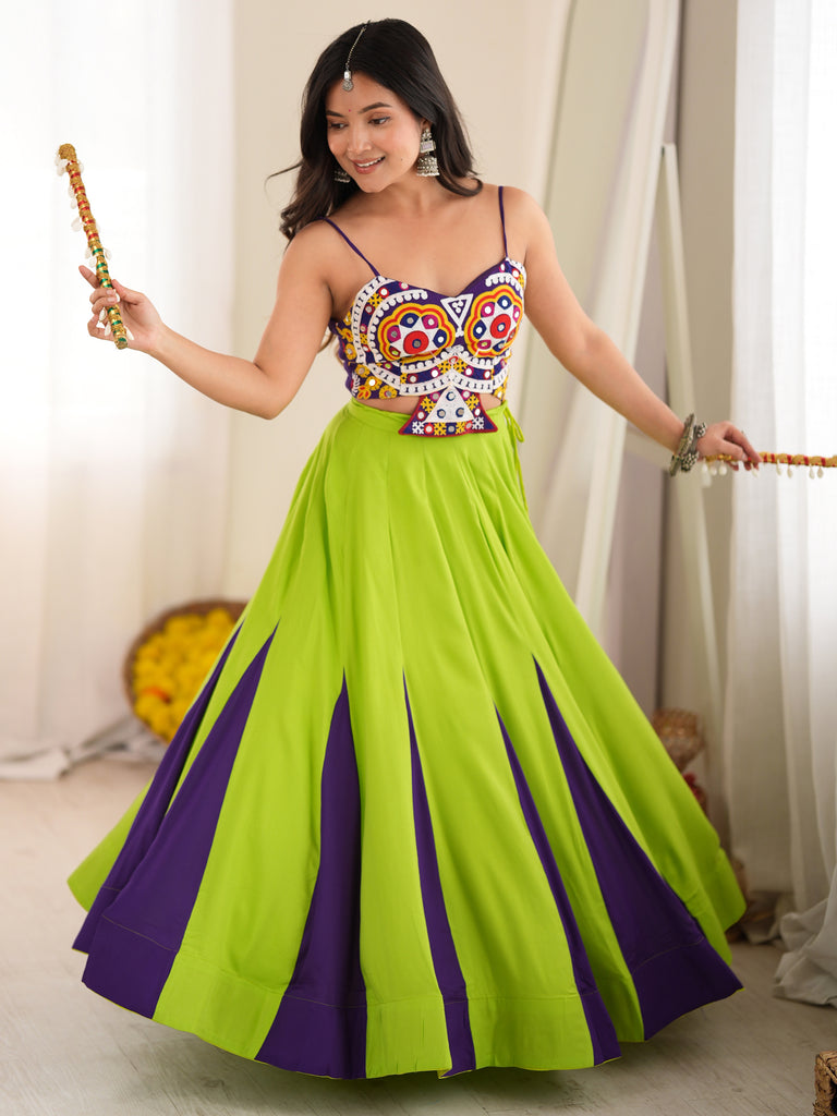 Tremendous Green Gota Laced Rayon Navratri Special Lehenga Choli