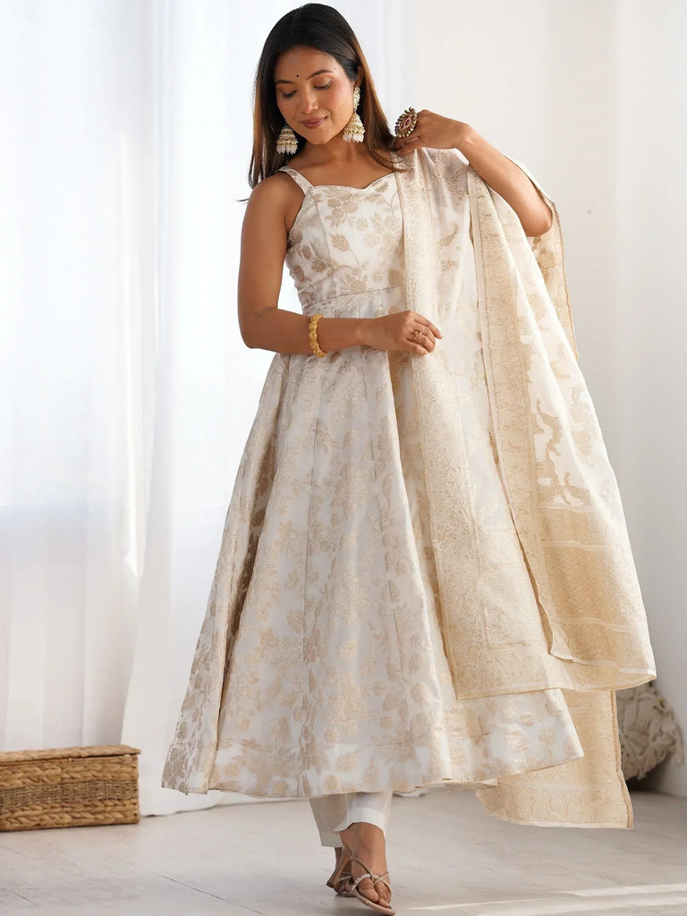 White and gold floral print anarkali suit with matching dupatta, ethnic Indian wear for women