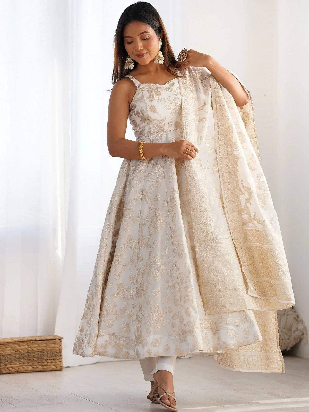 White and gold floral print anarkali suit with matching dupatta, ethnic Indian wear for women