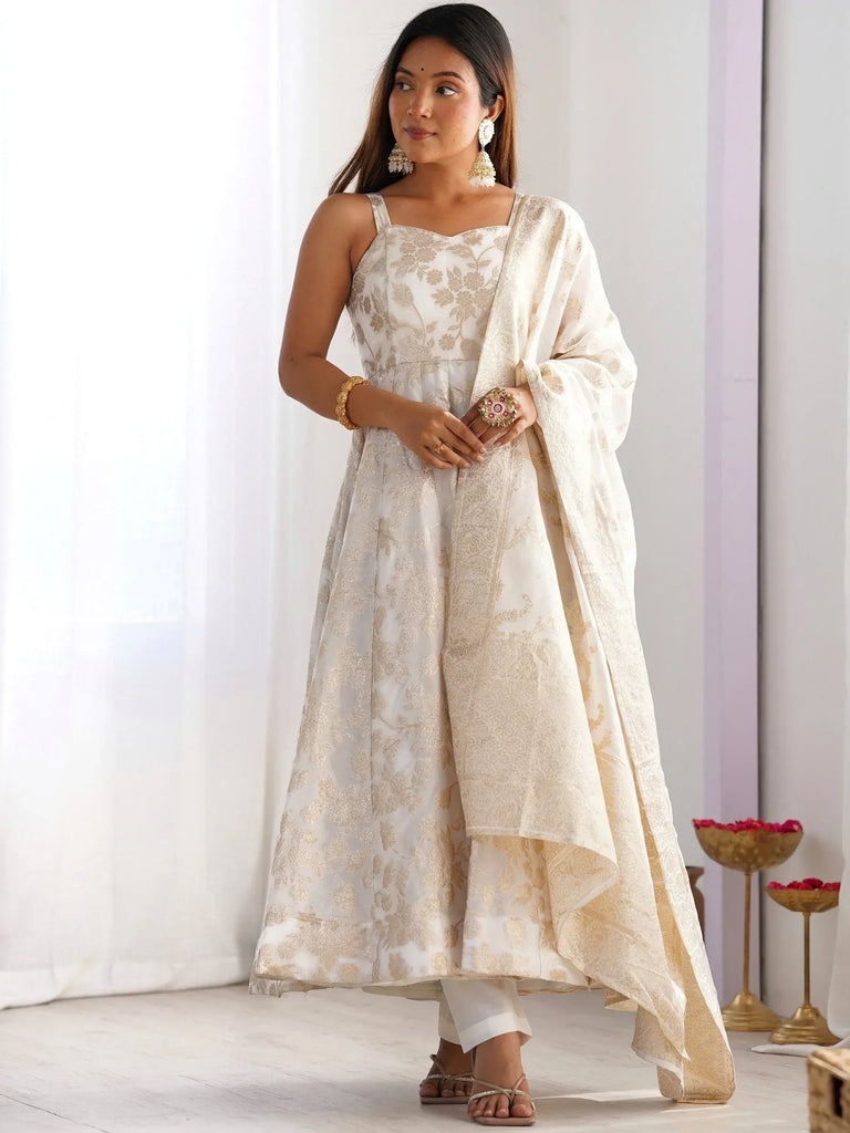 Elegant white and gold floral anarkali suit with dupatta, perfect for Indian ethnic occasions