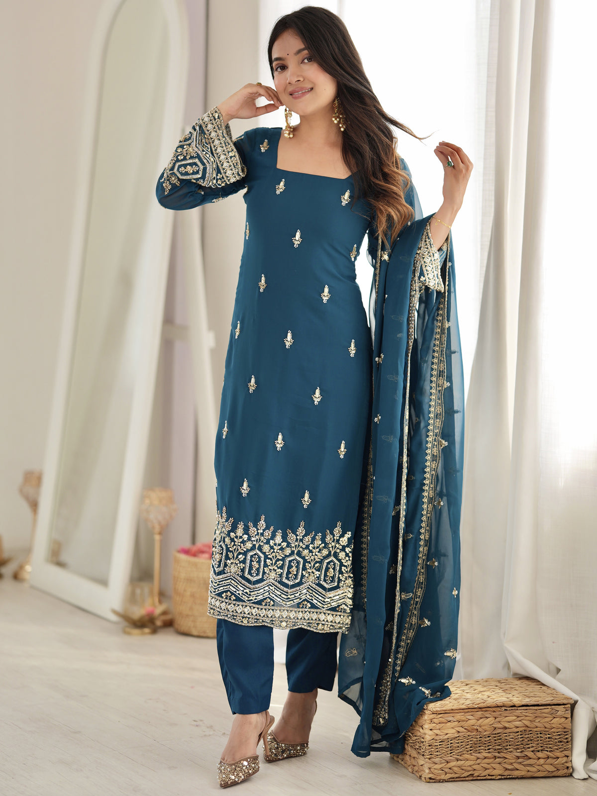 Majestic Teal Blue Sequins Georgette Wedding Wear Salwar Suit