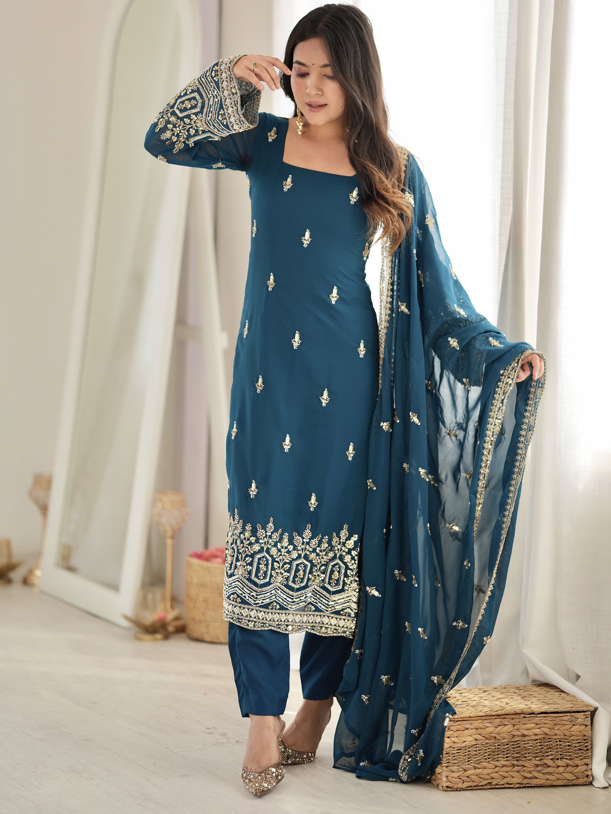 Majestic Teal Blue Sequins Georgette Wedding Wear Salwar Suit