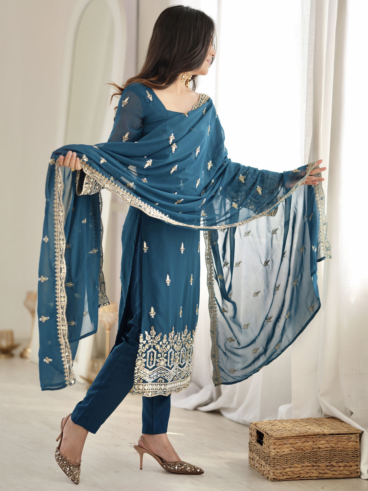 Majestic Teal Blue Sequins Georgette Wedding Wear Salwar Suit