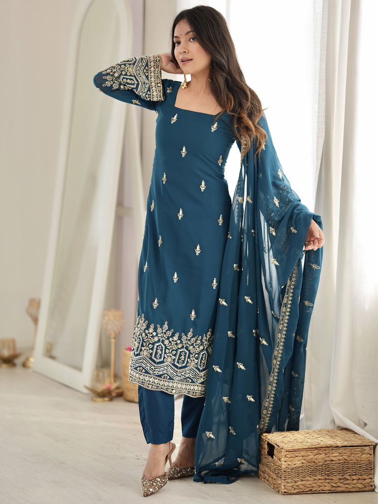 Majestic Teal Blue Sequins Georgette Wedding Wear Salwar Suit