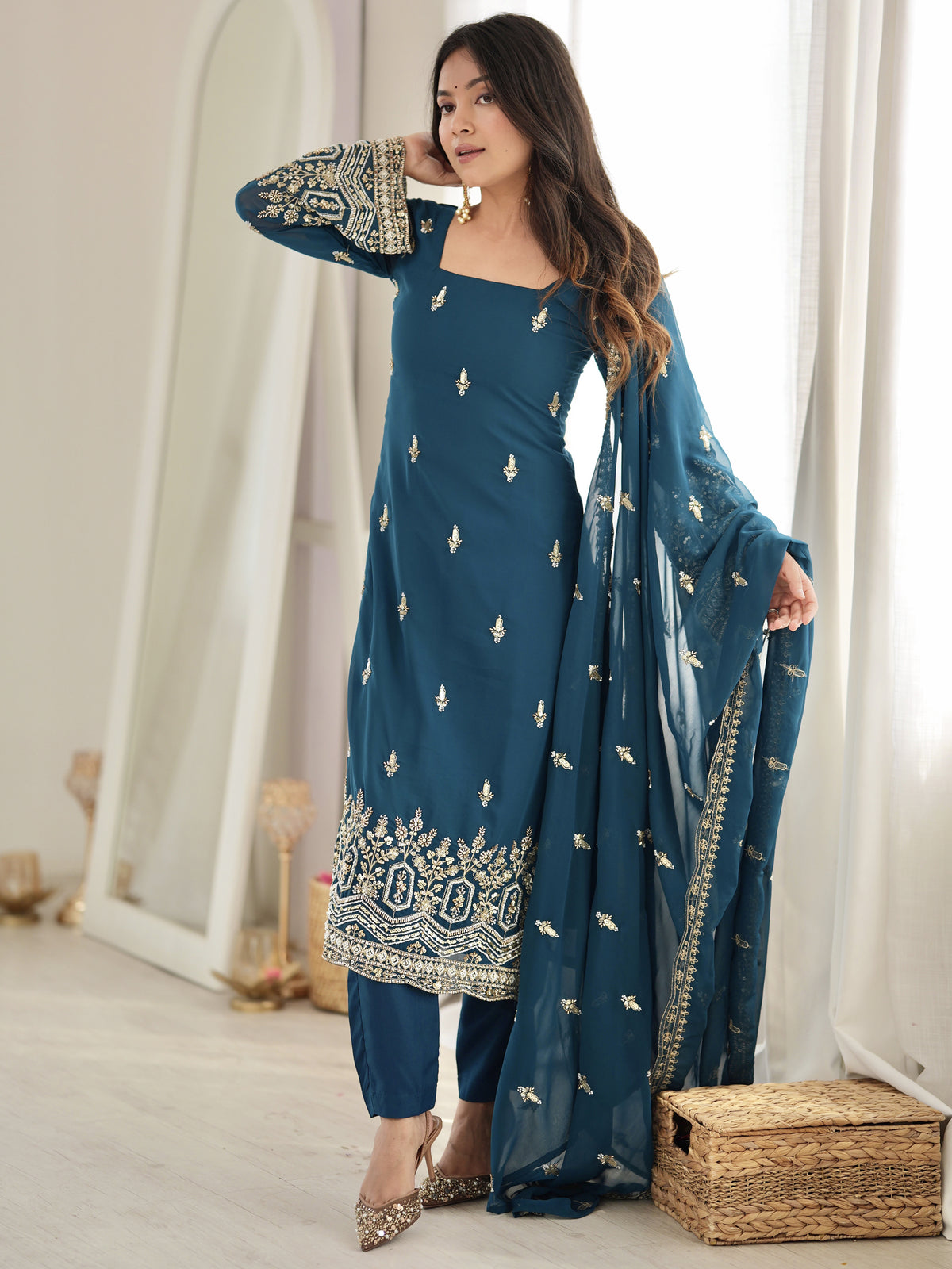 Majestic Teal Blue Sequins Georgette Wedding Wear Salwar Suit