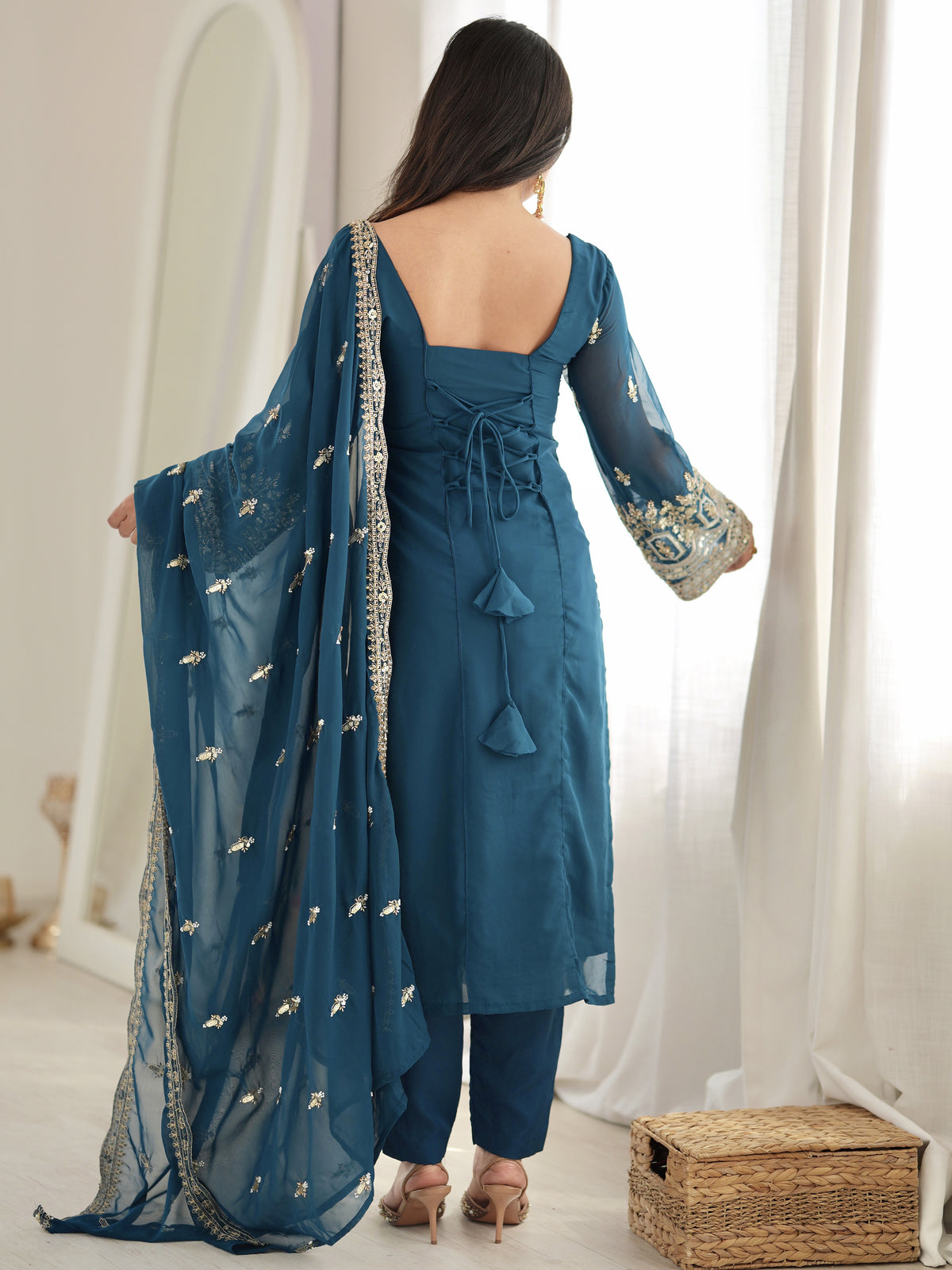 Majestic Teal Blue Sequins Georgette Wedding Wear Salwar Suit