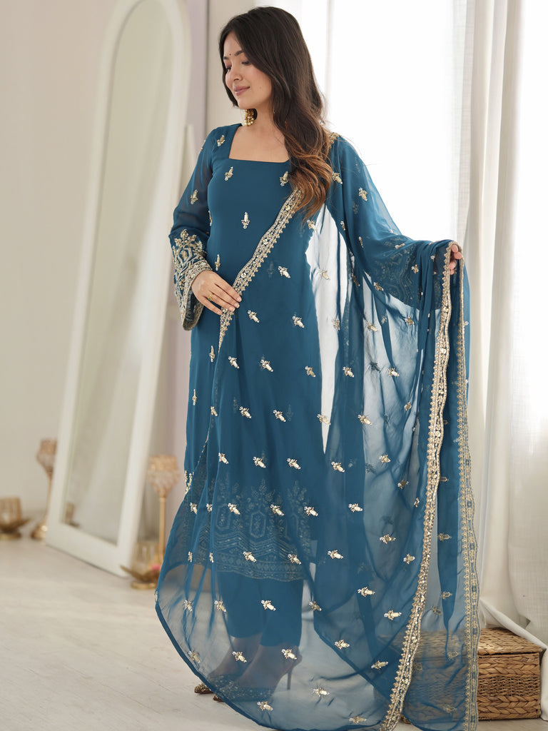 Majestic Teal Blue Sequins Georgette Wedding Wear Salwar Suit