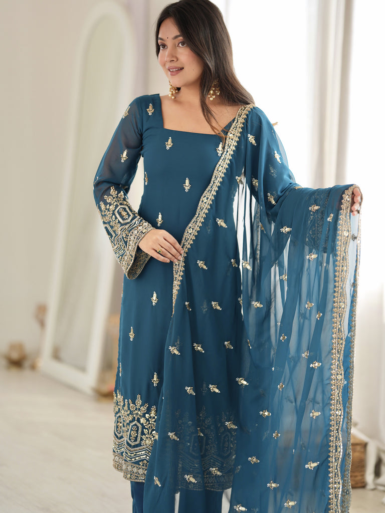Majestic Teal Blue Sequins Georgette Wedding Wear Salwar Suit