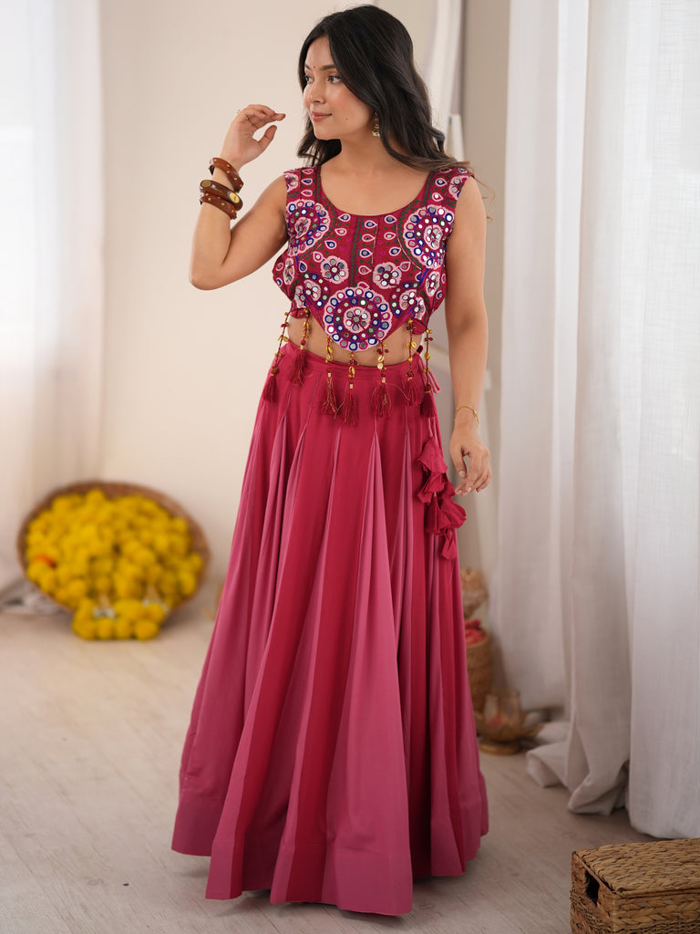 Fantastic Pink Rayon Navratri Wear Lehenga With Embroidered Blouse