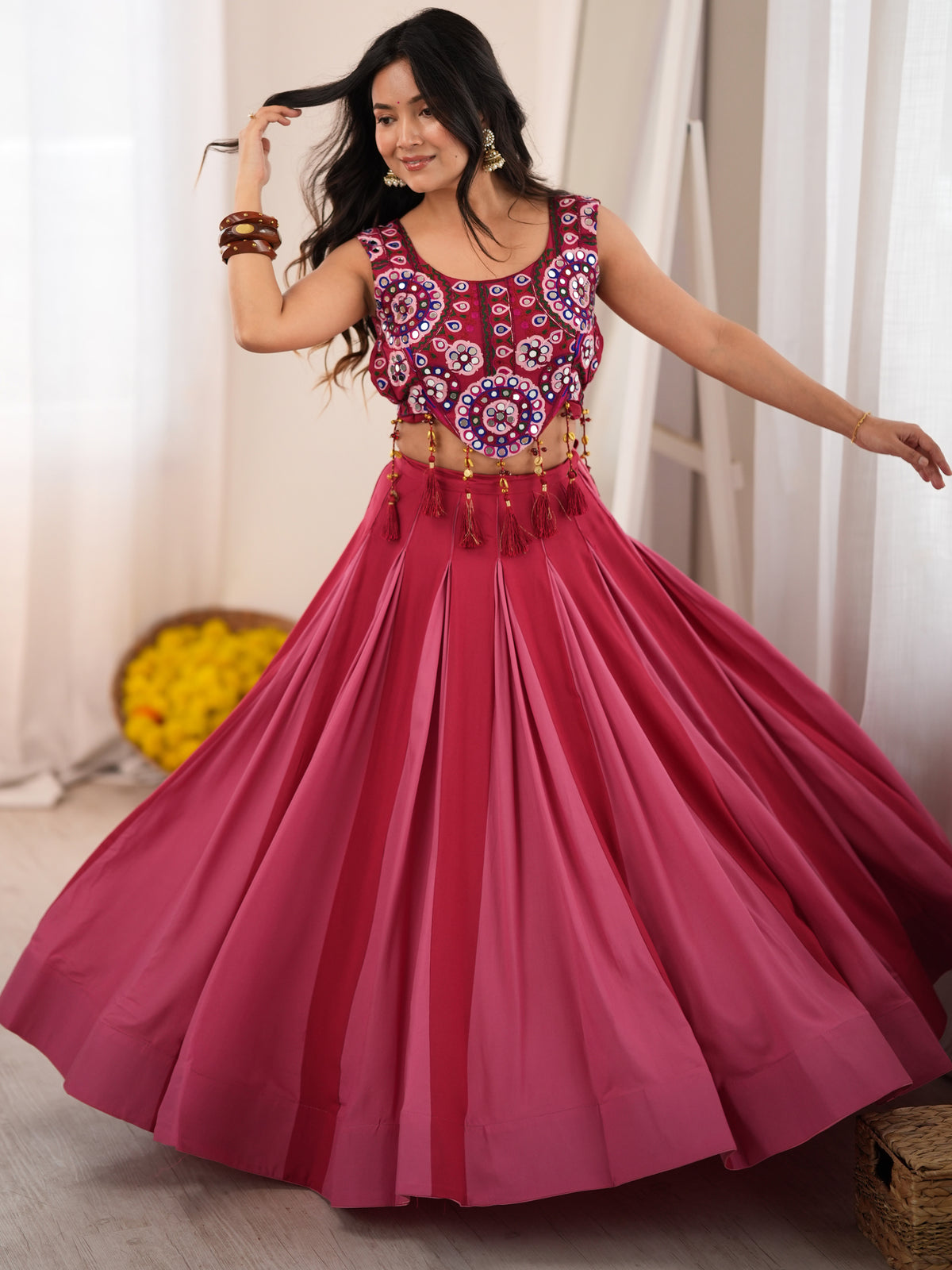 Fantastic Pink Rayon Navratri Wear Lehenga With Embroidered Blouse