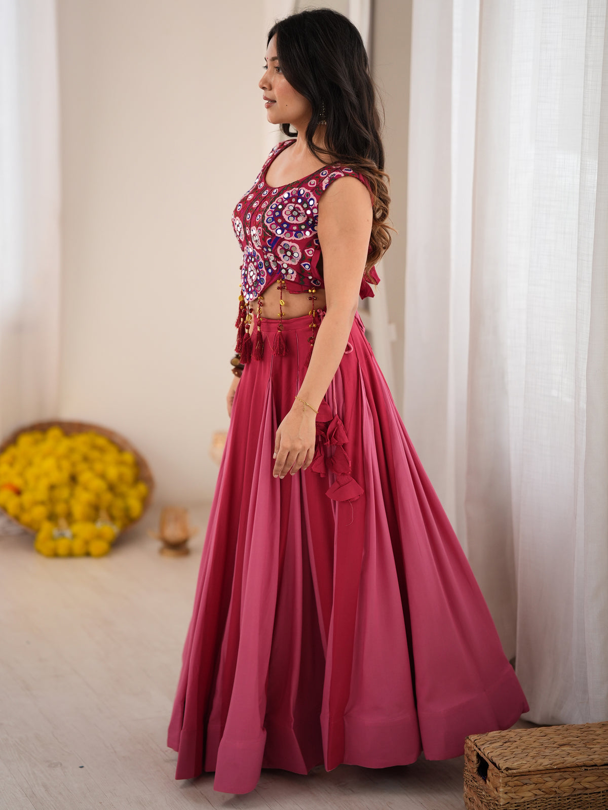 Fantastic Pink Rayon Navratri Wear Lehenga With Embroidered Blouse