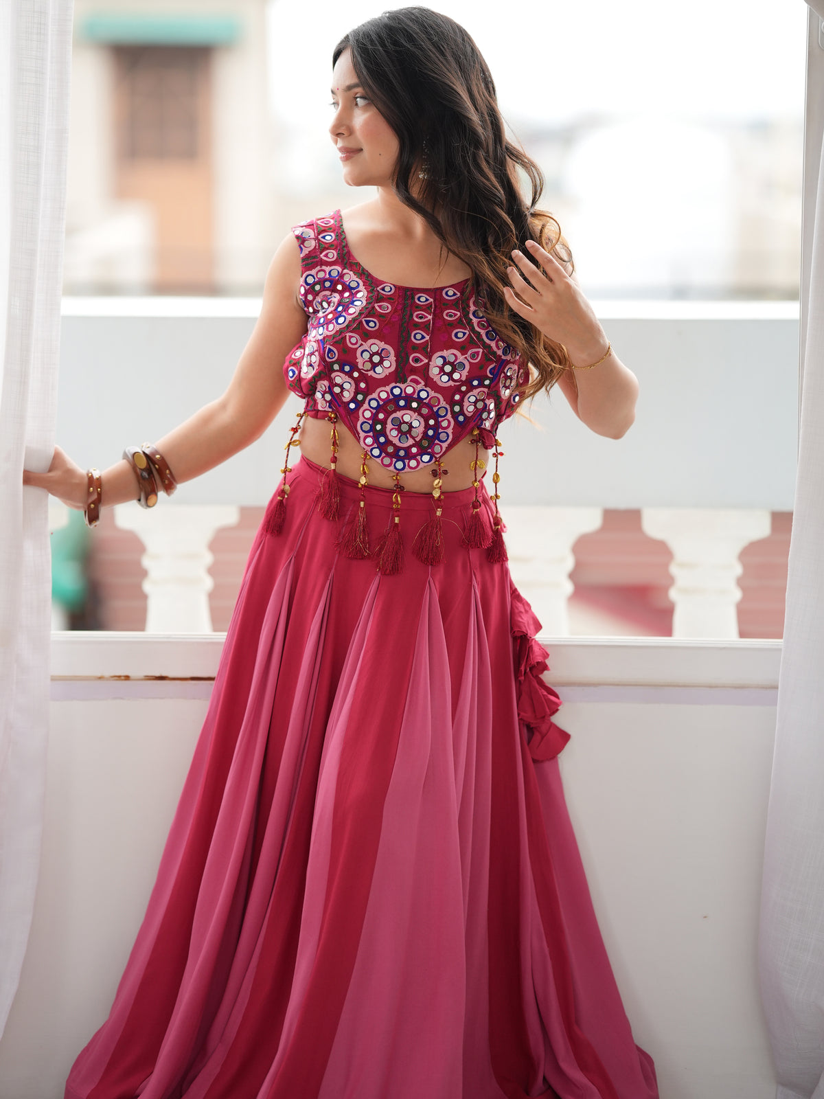 Fantastic Pink Rayon Navratri Wear Lehenga With Embroidered Blouse