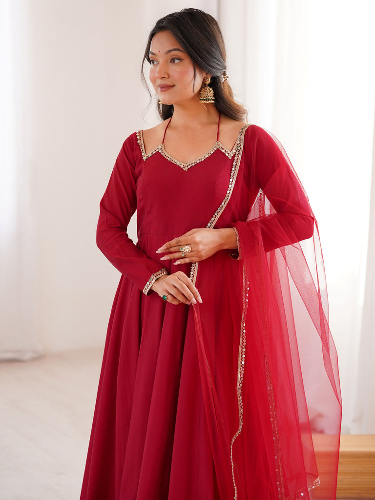 Graceful Maroon Georgette Traditional Anarkali Gown With Dupatta