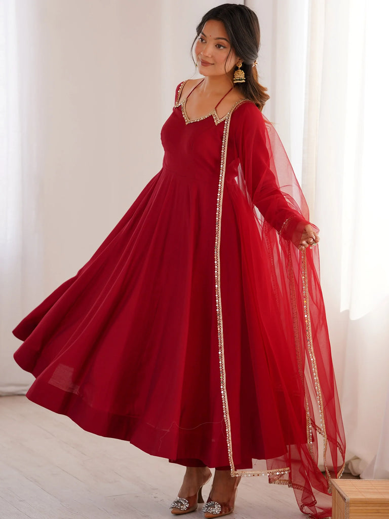 Charming Red Plain Georgette Wedding Wear Anarakali Suit