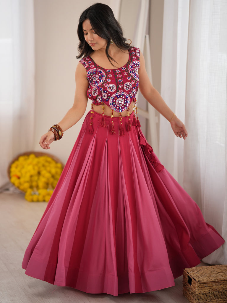 Fantastic Pink Rayon Navratri Wear Lehenga With Embroidered Blouse