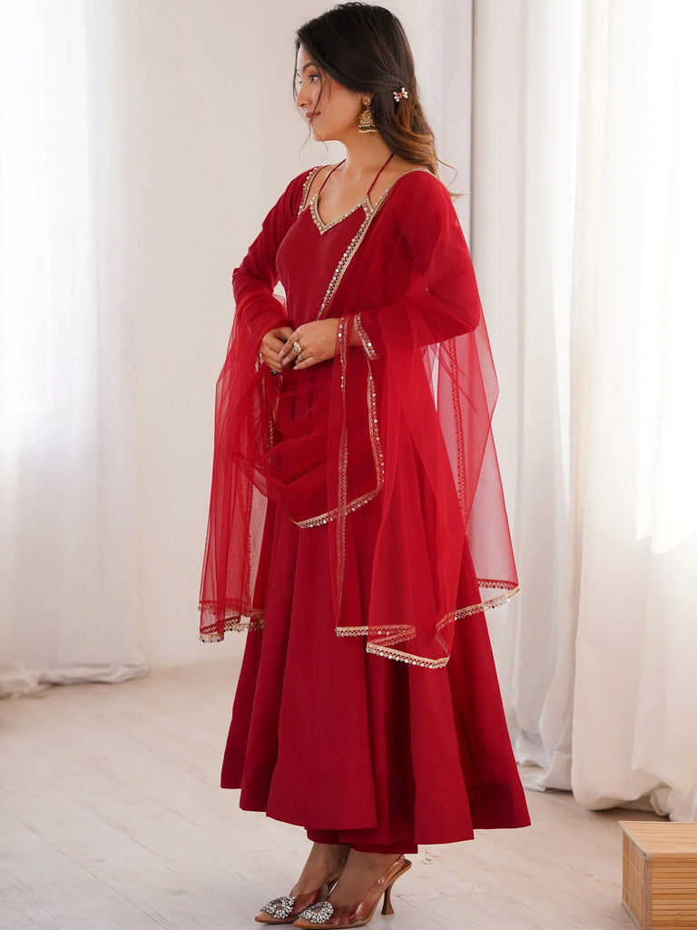 Graceful Maroon Georgette Traditional Anarkali Gown With Dupatta