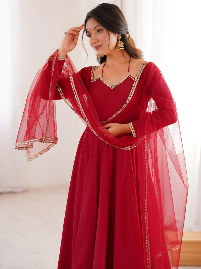 Charming Red Plain Georgette Wedding Wear Anarakali Suit