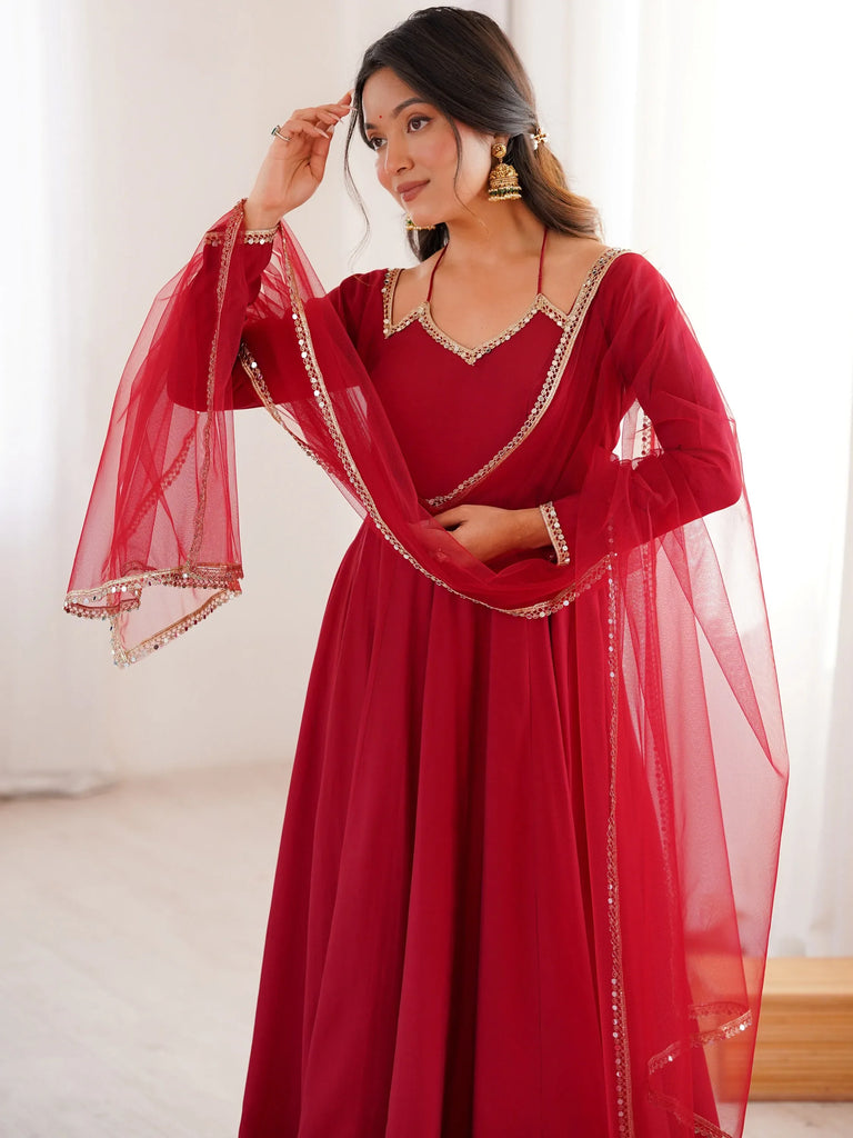 Graceful Maroon Georgette Traditional Anarkali Gown With Dupatta