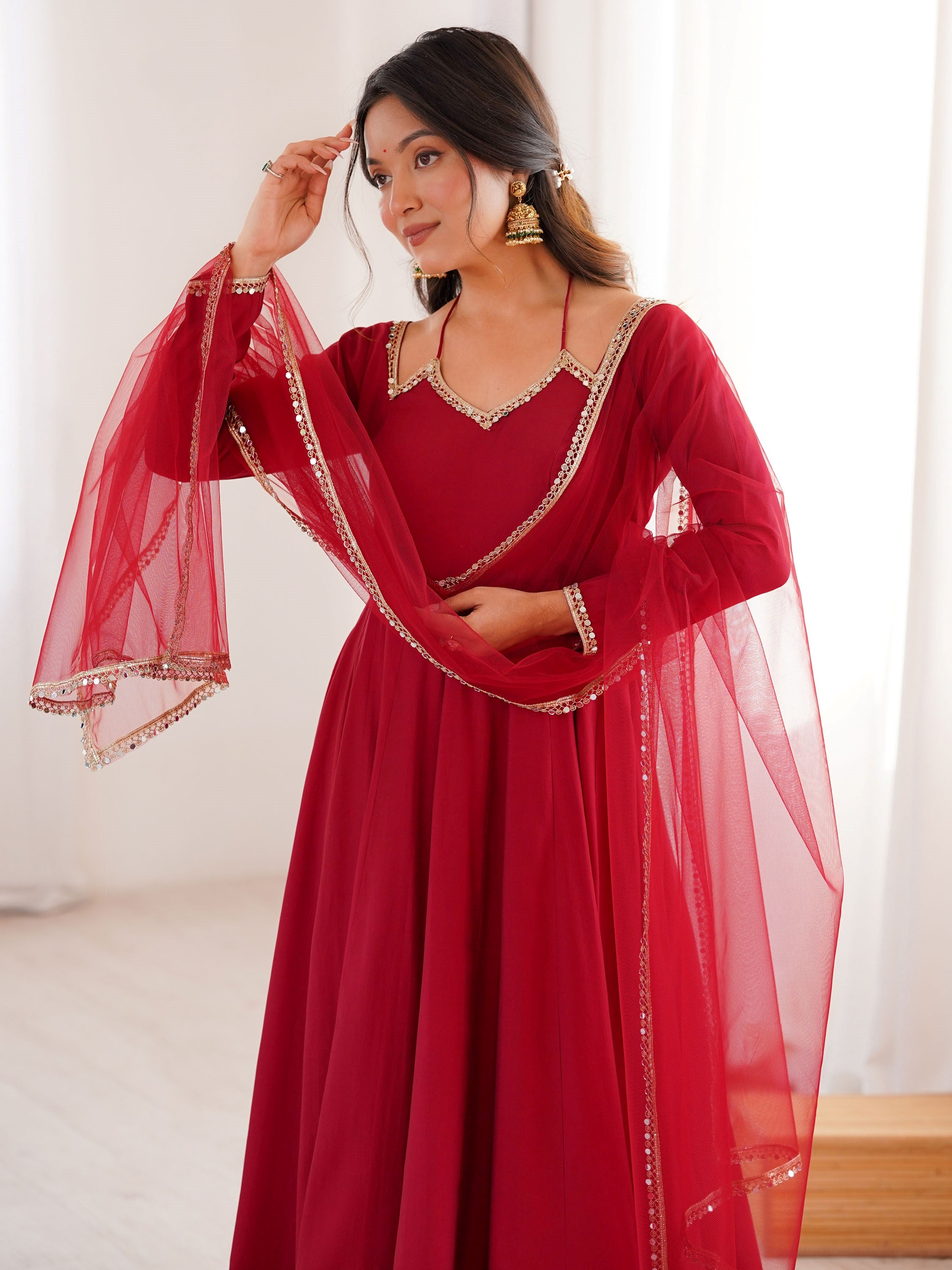 Graceful Maroon Georgette Traditional Anarkali Gown With Dupatta