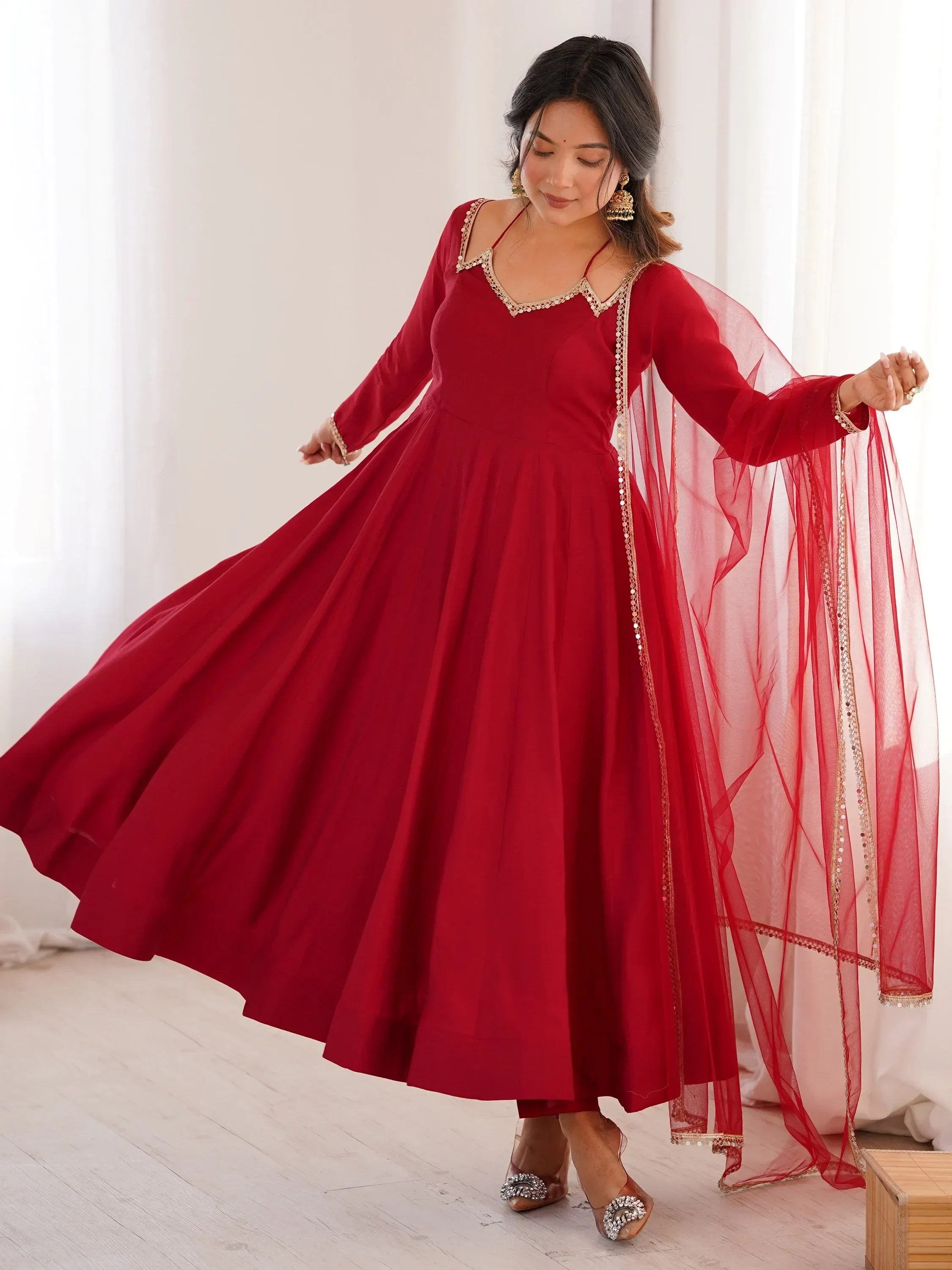 Charming Red Plain Georgette Wedding Wear Anarakali Suit