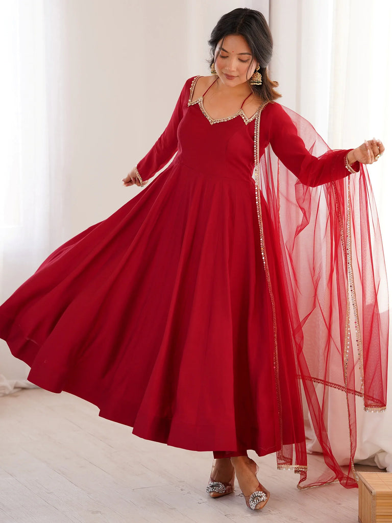 Graceful Maroon Georgette Traditional Anarkali Gown With Dupatta