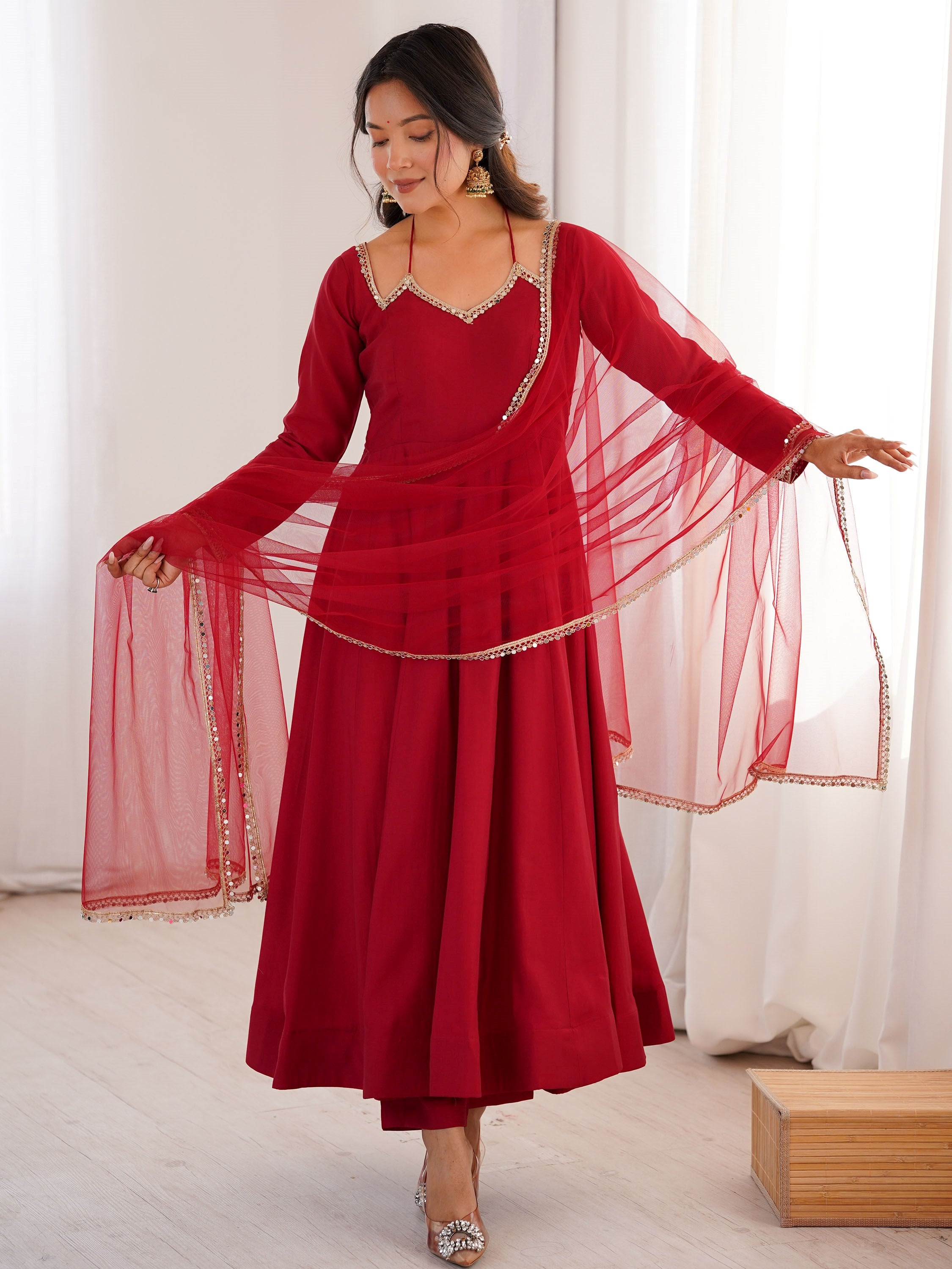 Graceful Maroon Georgette Traditional Anarkali Gown With Dupatta