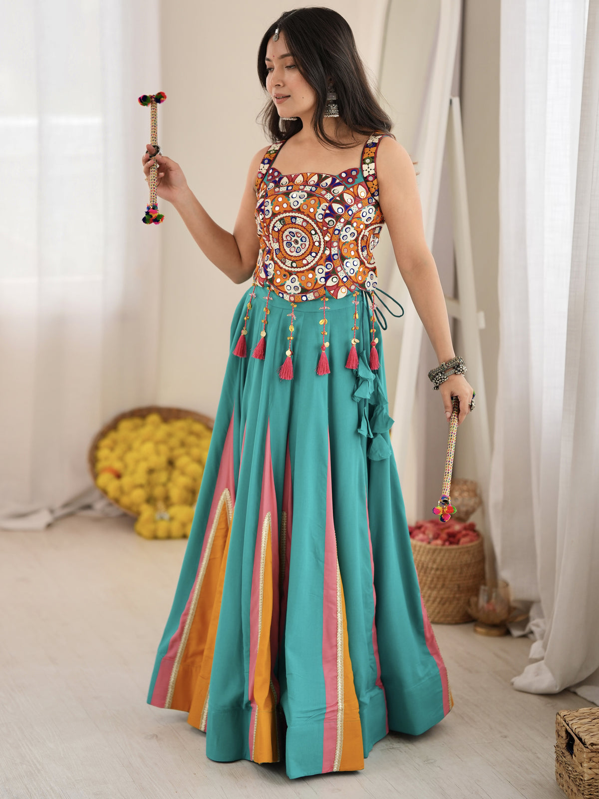Stylish Teal Blue Navratri Special Lehenga With Thread Work Blouse