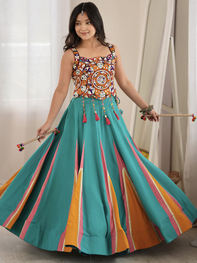Stylish Teal Blue Navratri Special Lehenga With Thread Work Blouse