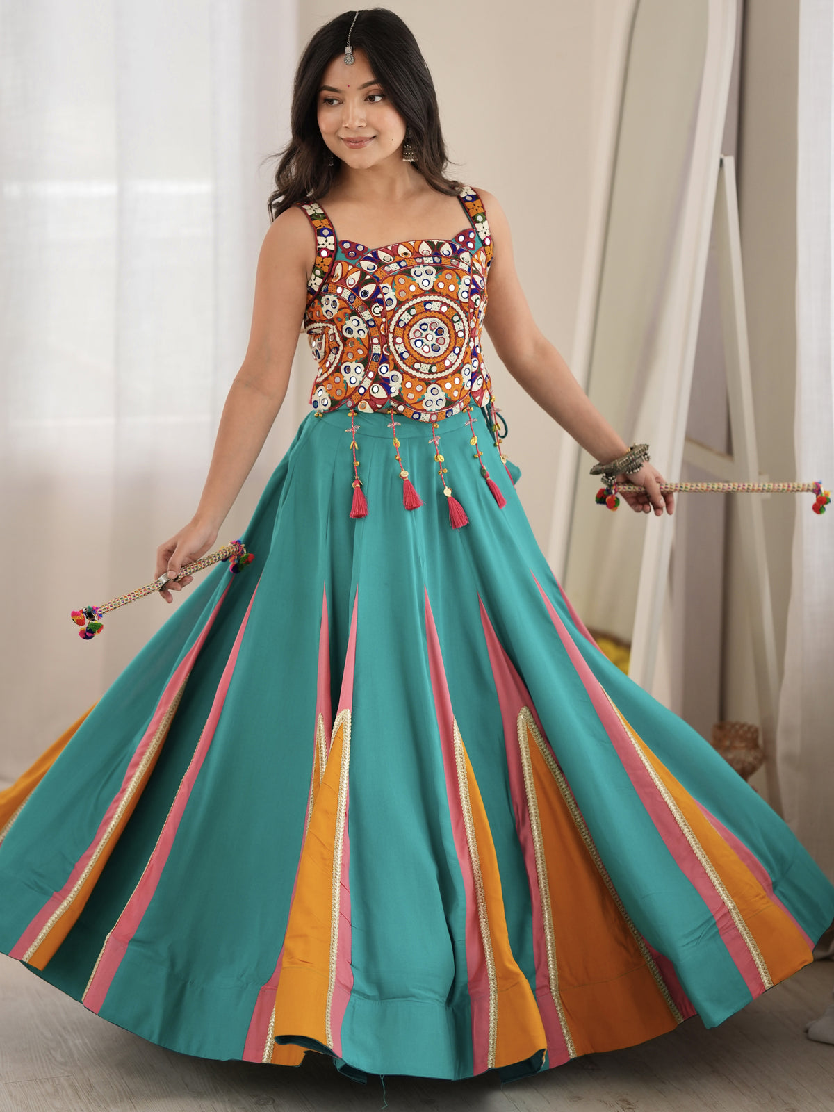 Stylish Teal Blue Navratri Special Lehenga With Thread Work Blouse