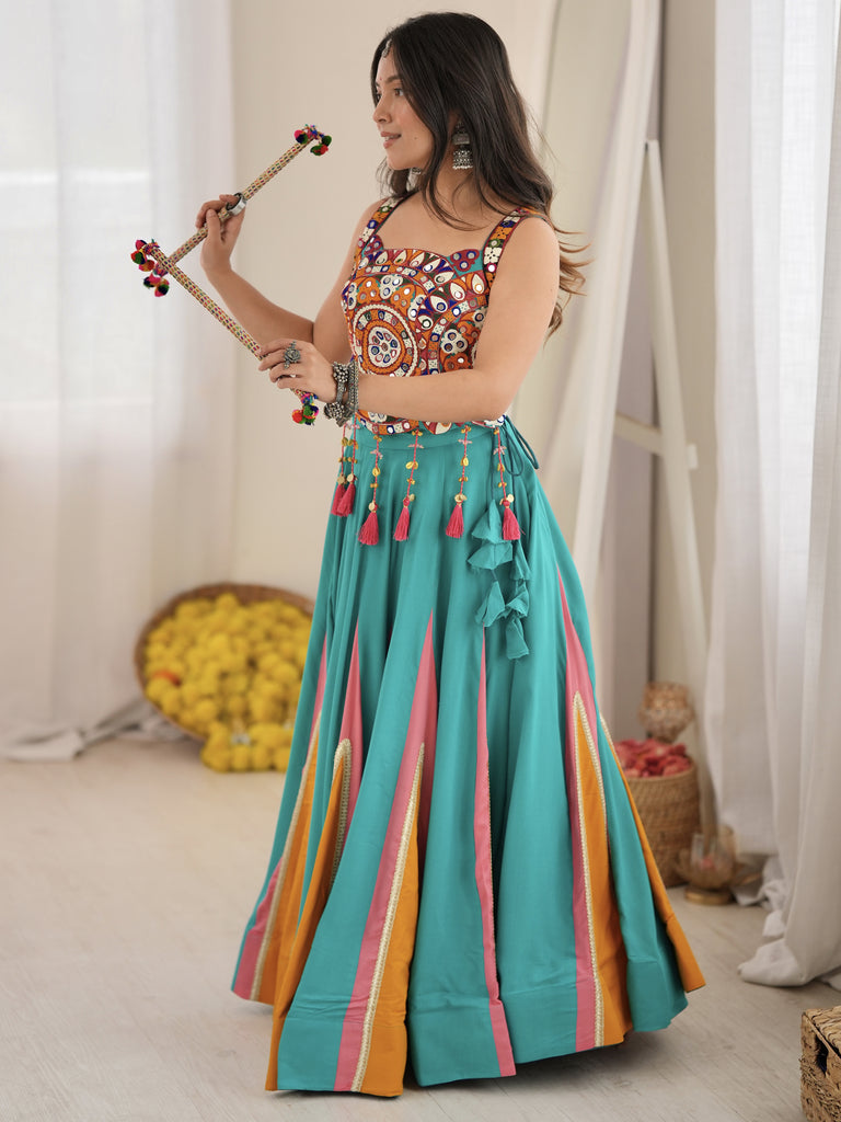 Stylish Teal Blue Navratri Special Lehenga With Thread Work Blouse