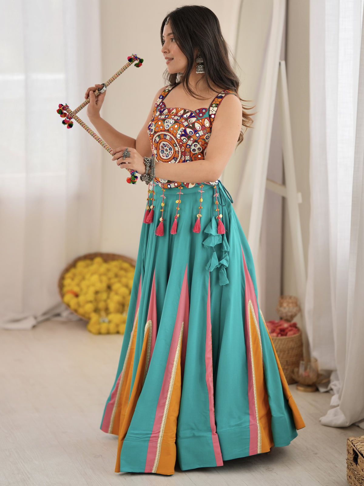 Stylish Teal Blue Navratri Special Lehenga With Thread Work Blouse