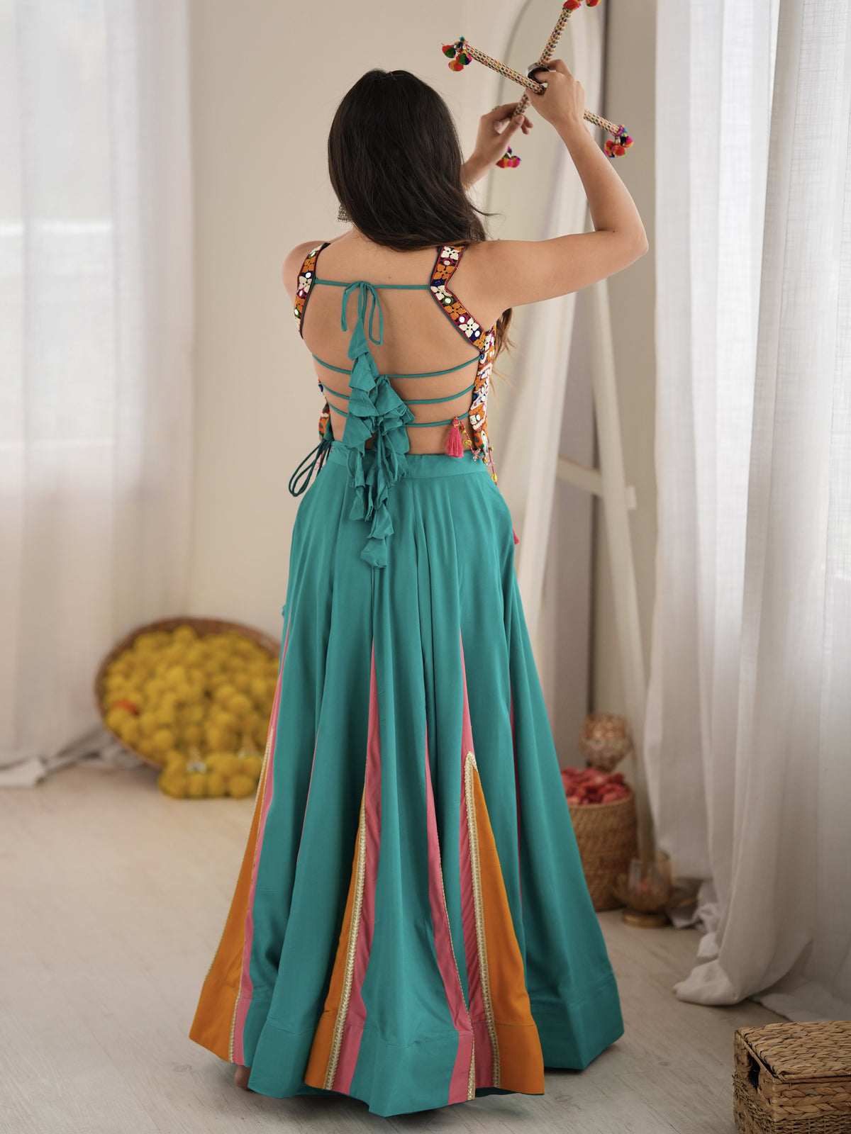 Stylish Teal Blue Navratri Special Lehenga With Thread Work Blouse