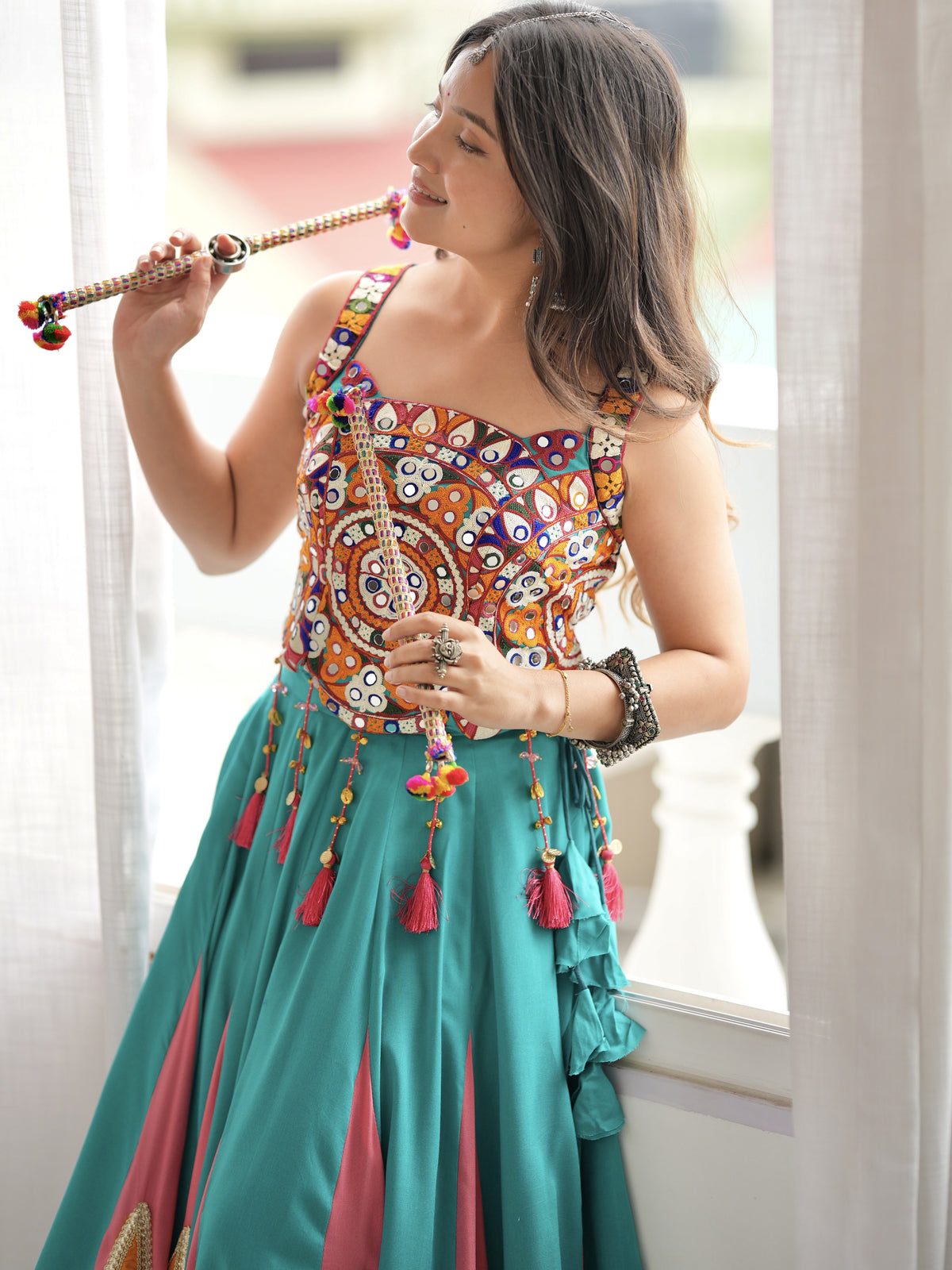 Stylish Teal Blue Navratri Special Lehenga With Thread Work Blouse
