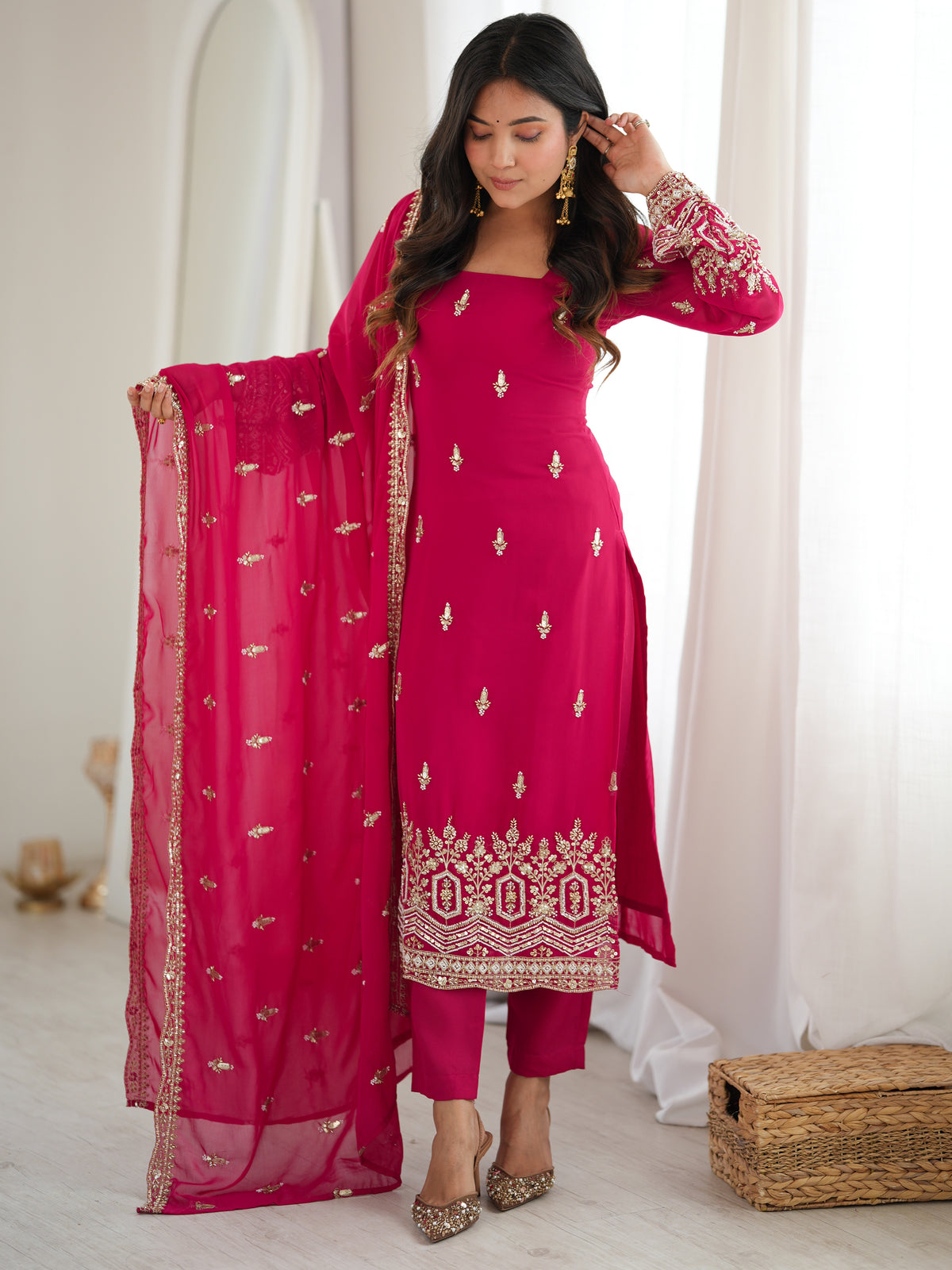 Pretty Rani Pink Bead Work Georgette Function Wear Pant Suit