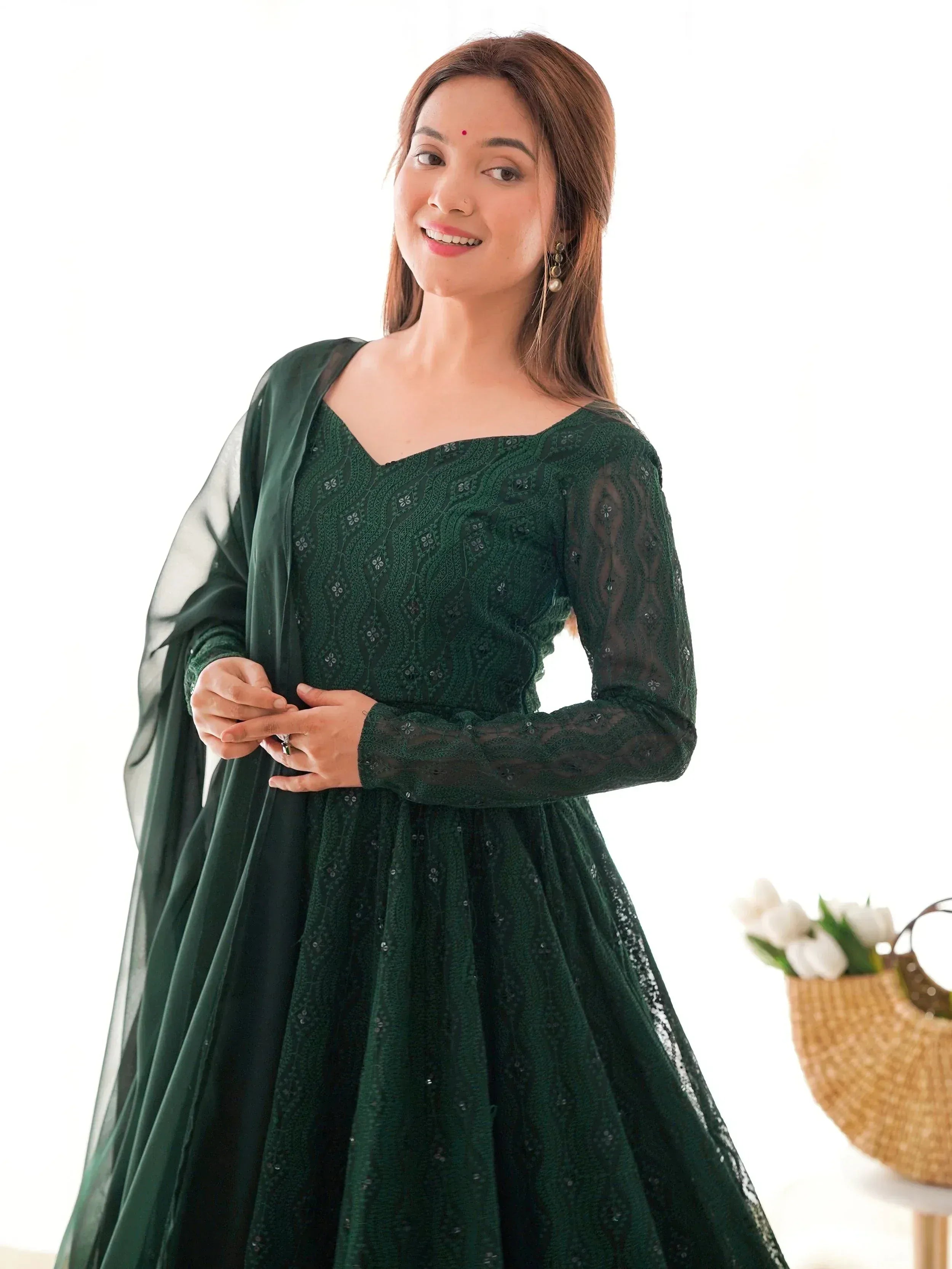 Delicate Green Georgette Lakhnavi Work Festival Wear Anarkali Suit