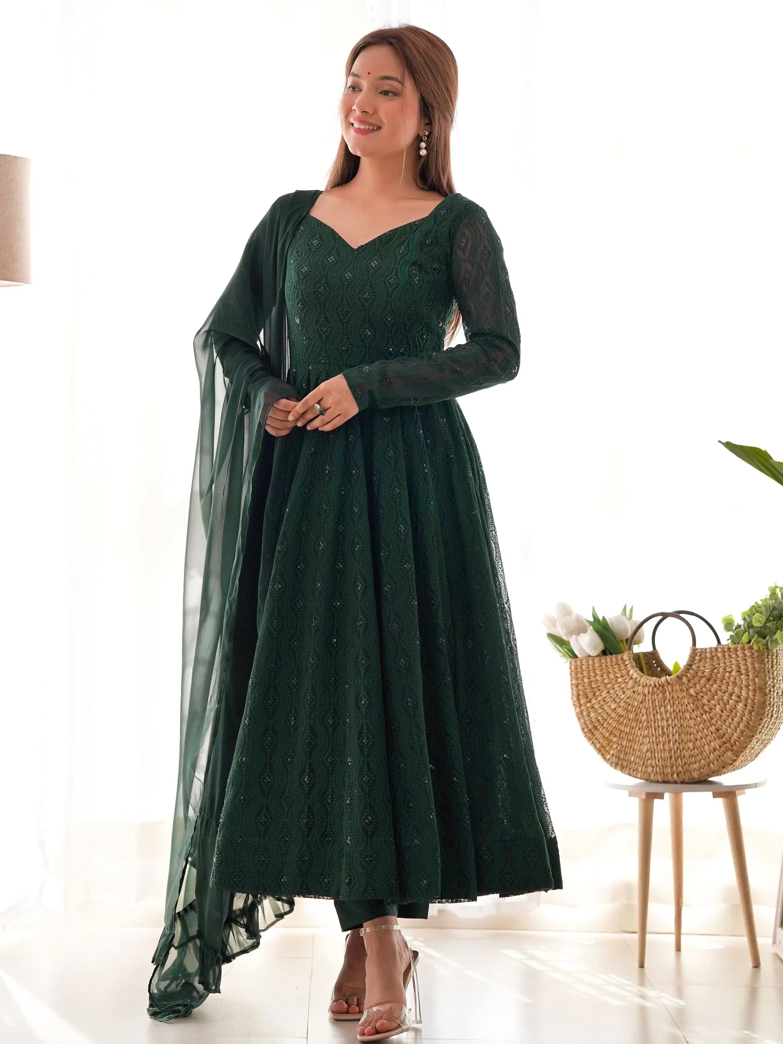 Delicate Green Georgette Lakhnavi Work Festival Wear Anarkali Suit