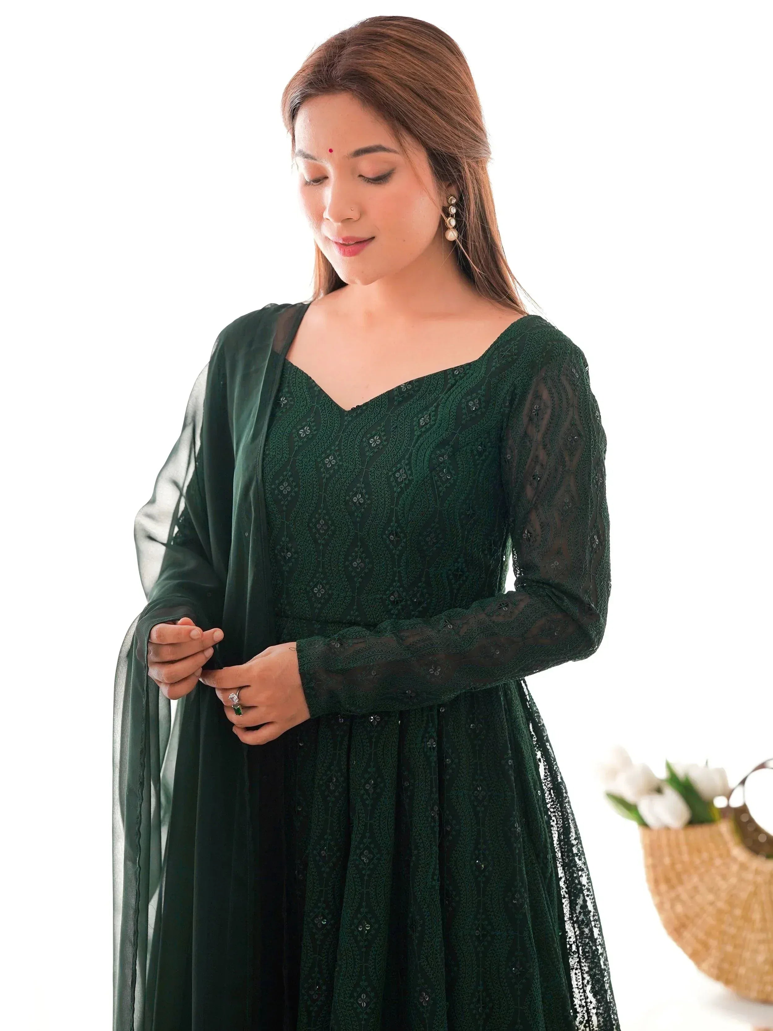 Delicate Green Georgette Lakhnavi Work Festival Wear Anarkali Suit