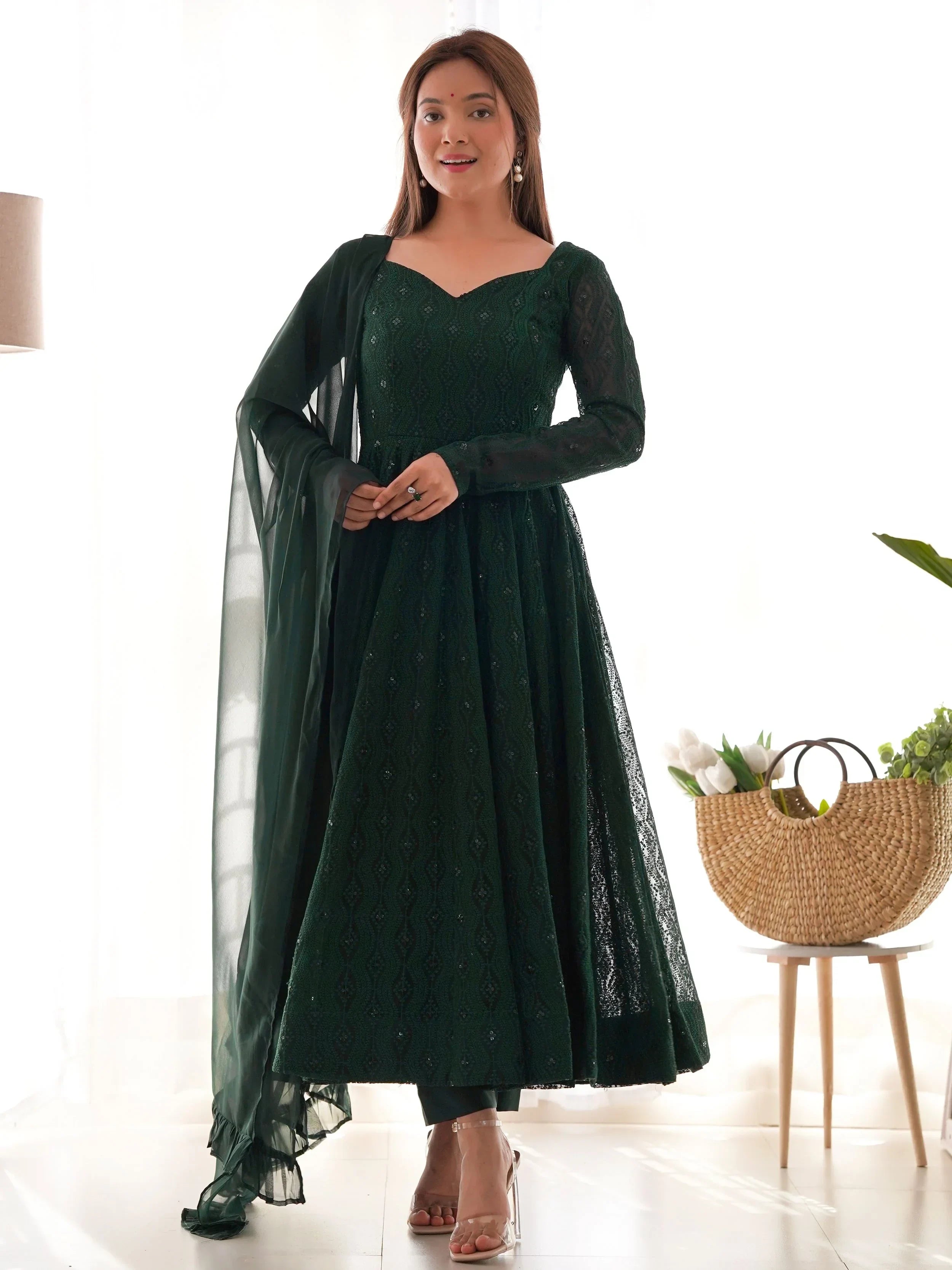 Delicate Green Georgette Lakhnavi Work Festival Wear Anarkali Suit