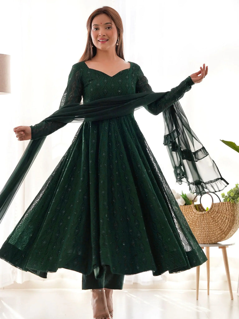 Delicate Green Georgette Lakhnavi Work Festival Wear Anarkali Suit