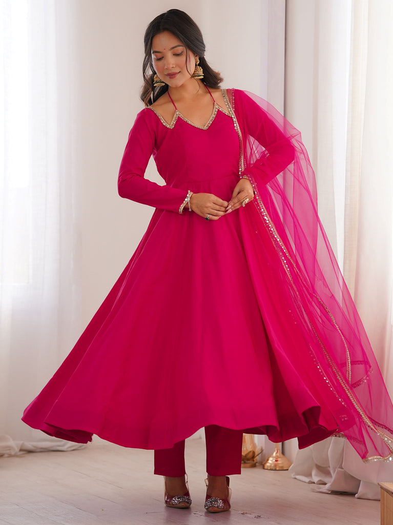 Fantastic Pink Lace Work Georgette Festival Wear Gown With Dupatta